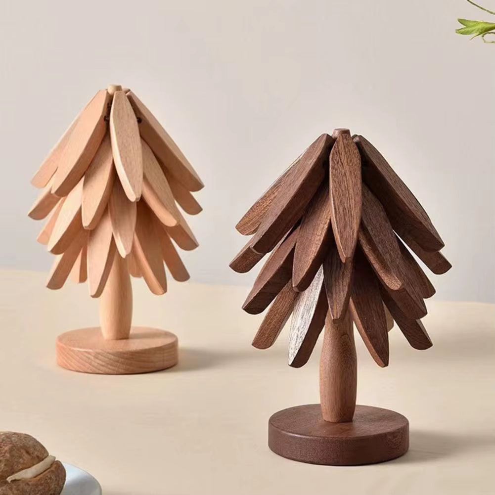 Christmas Tree Coaster with Base 3 Layers Tree Shape Wooden Trivet Anti-Scald Countertop Pot Pan Coffee Tea Cup Holder Home