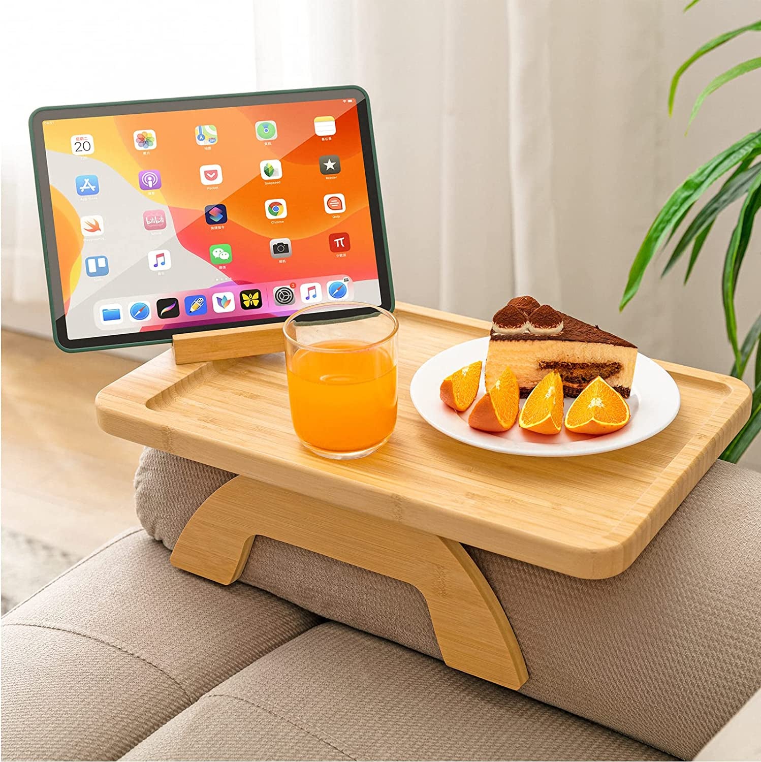 Couch Arm Tray,Bamboo Sofa Tray Table Clip on Side Table for Wide Couch,Foldable Couch Tray with 360° Phone Holder,Couch Arm Table for Eating/Drinks/Snacks/Remote/Control